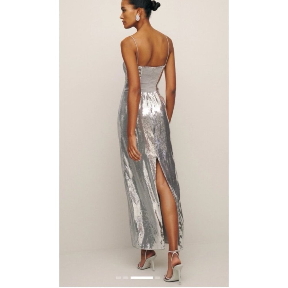 Reformation Frankie silver sequin midi strappy dress 4 glam disco retro - Picture 2 of 11